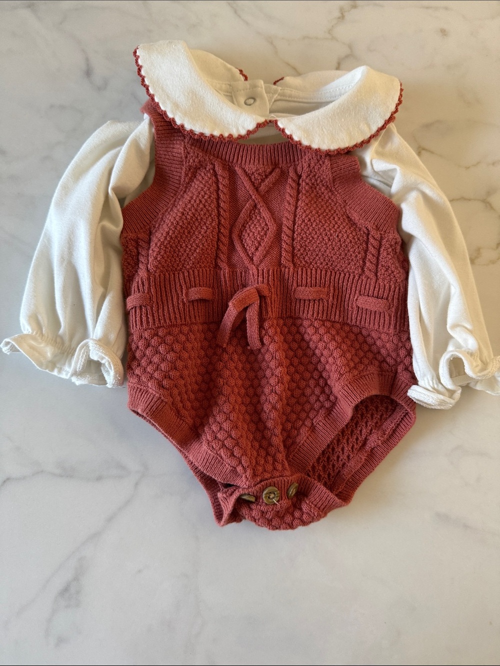 Cloud island Classic Knit Bubble One-Piece in Rust with White Collar newborn